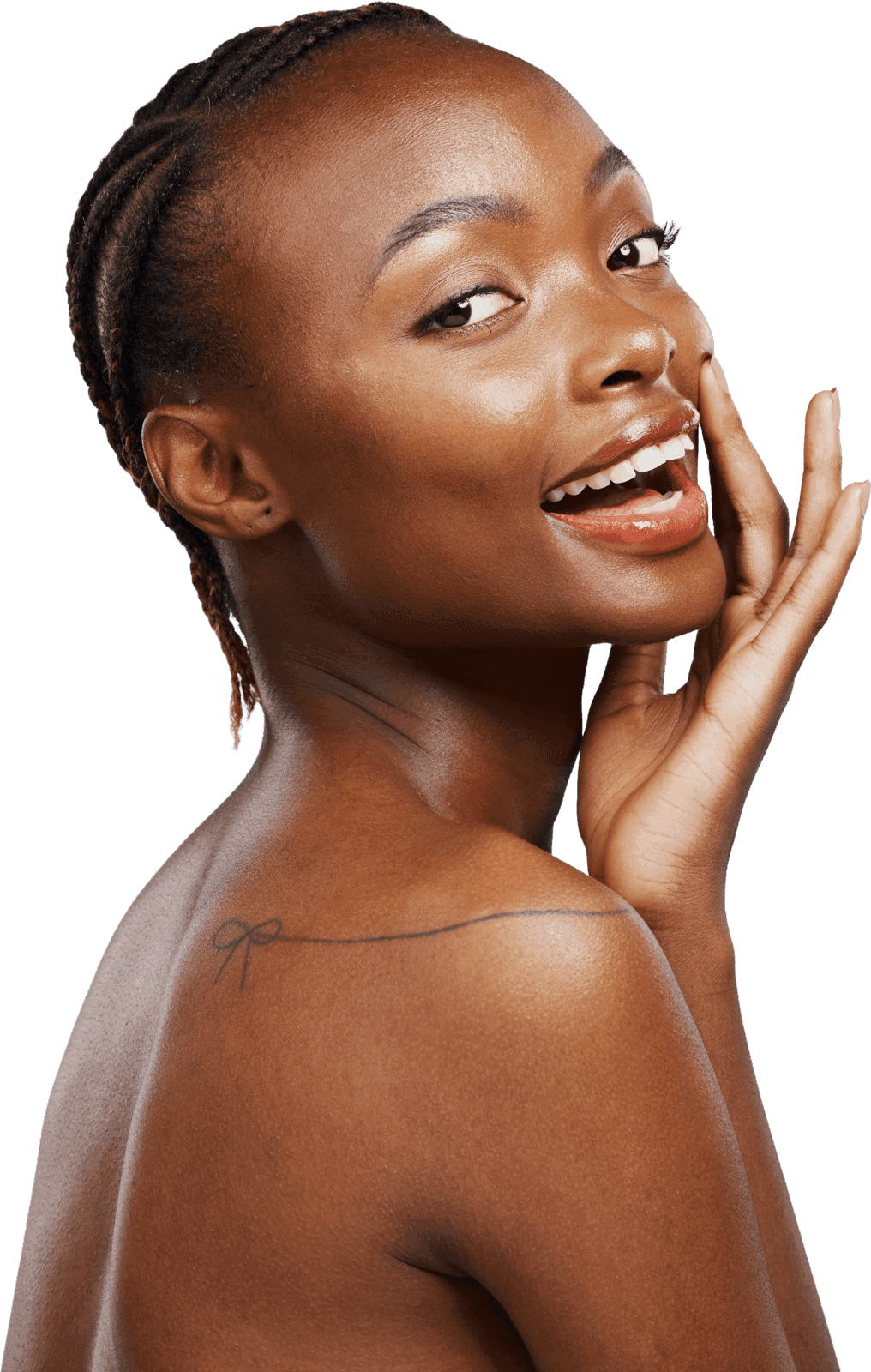 Black woman with braided hair, one hand resting on her shoulder