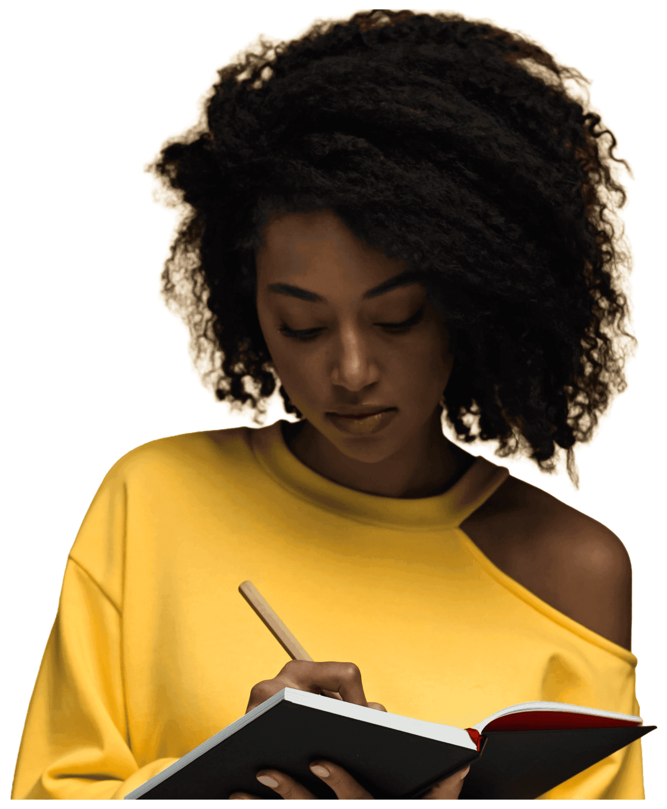 Black creator with a curly afro, writing in a notebook while pitching a story idea