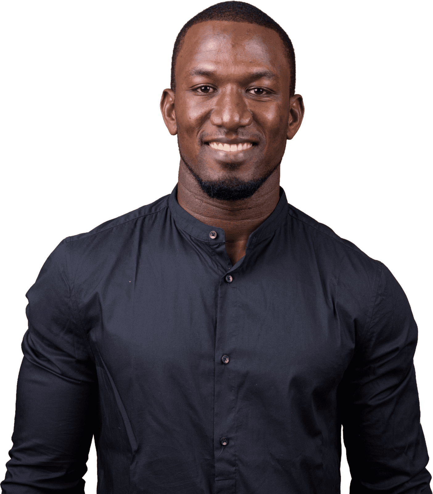 Smiling Black creator in a black mandarin-collar shirt